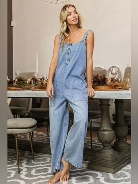 NEW WASHED DENIM BUTTON FRONT OVERALL JUMPSUIT WITH POCKETS